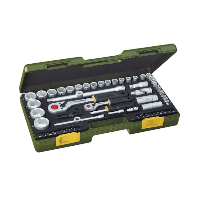 Proxxon 65-delna kompletna garnitura sa čegrtaljkama sa promenom smera zavrtanja i prihvatima 1/4" i 1/2" (P23286)